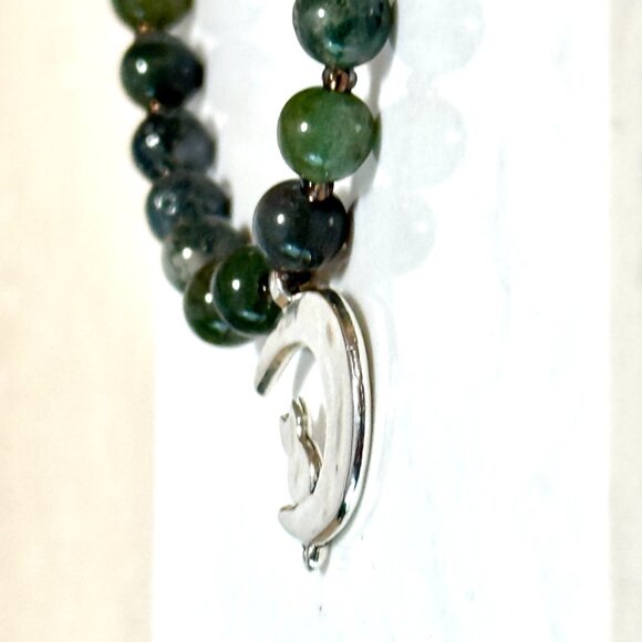 Genuine Gemstone Green Moss Agate Silver Cat on the Moon Beaded Short Necklace - Picture 5 of 13